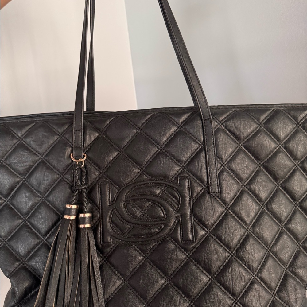 bebe Black Quilted Tote with Tassels